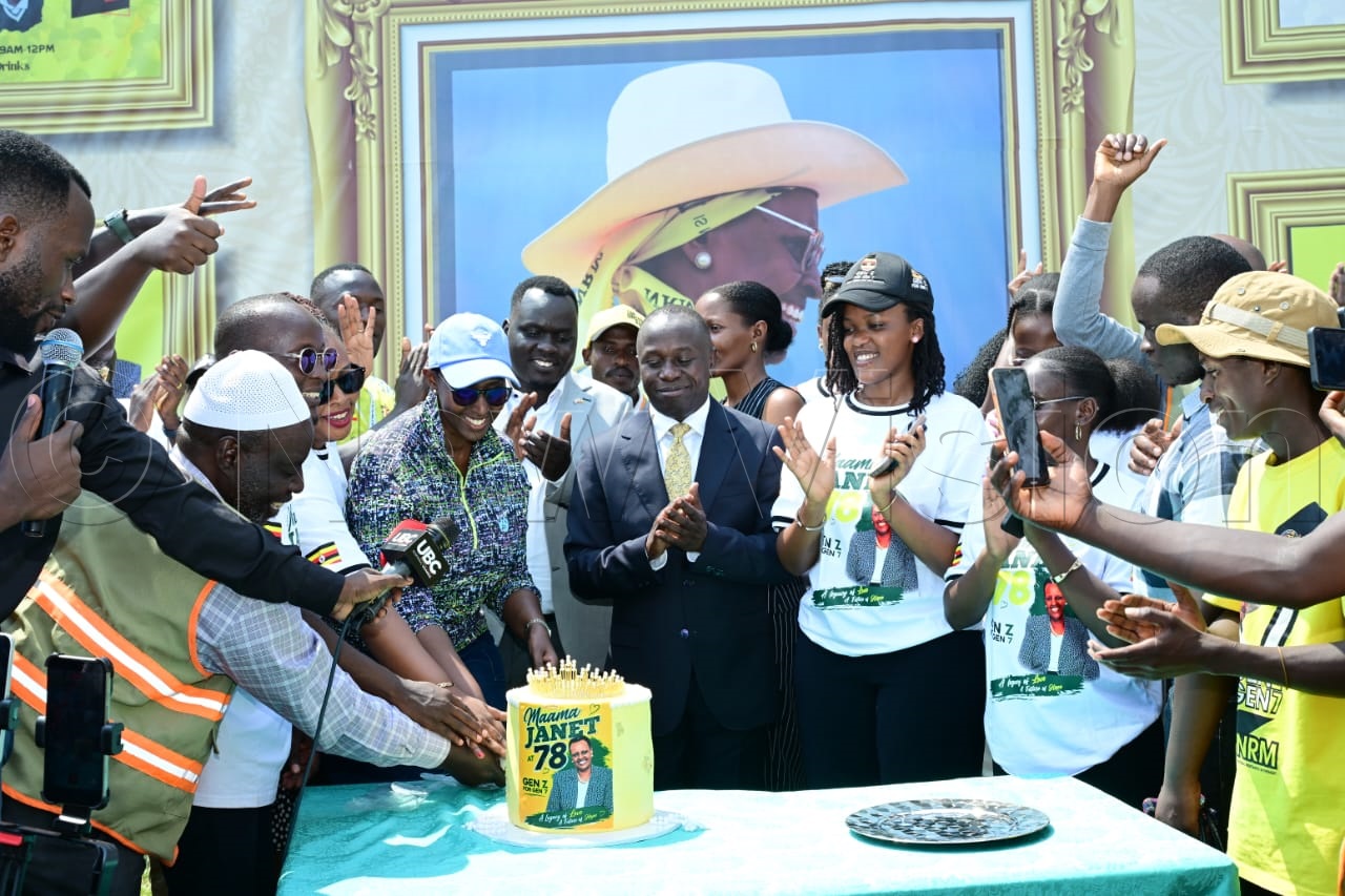 Brig. Charity Bainababo and State Minister for Sports Peter Ogwang join Gen Z representatives in cutting a birthday cake in honour of Mama Janet Kataaha Museveni as she celebrates her 78th birthday.