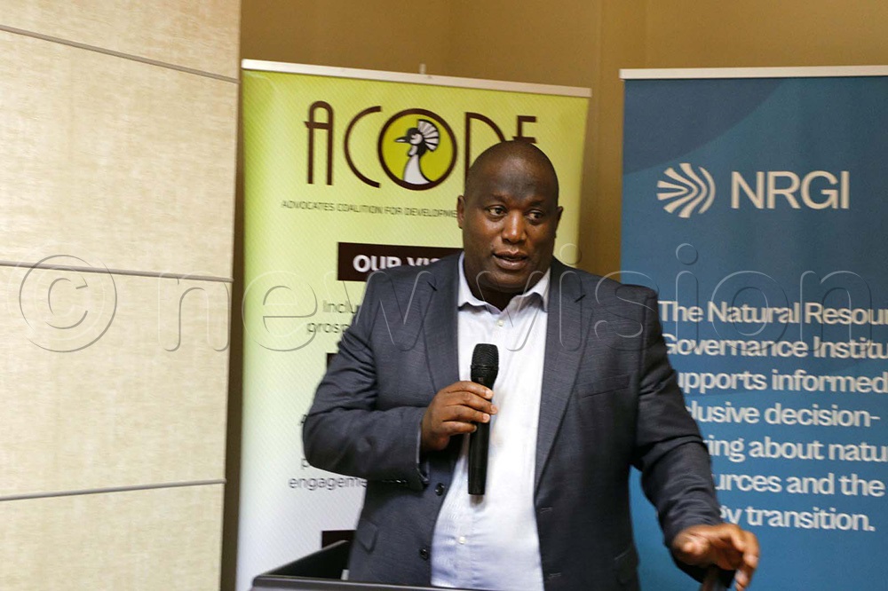 Dr Paul Bagabo, a consultant with the Natural Resource Governance Institute (NRGI) addressing participants attending the stakeholder engagement on regulations for the Mining and Minerals Act 2022 at the Sheraton Hotel Kampala. (Photo by John Odyek)