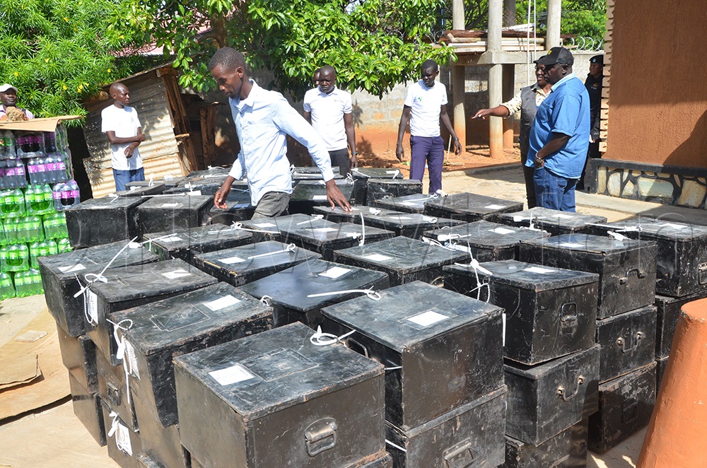A team of political leaders verify the polling kits at the EC office in Moroto. [Photo by Olandason Wanyama]
