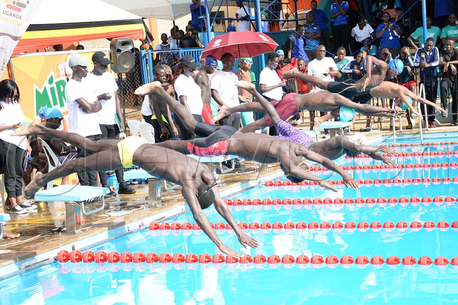 Swimmers dive in for one of the races during the 11th Uganda Aquatics Inter-Secondary Schools gala, at the Greenhill Academy swimming pool in Kibuli. Photo by Michael Nsubuga