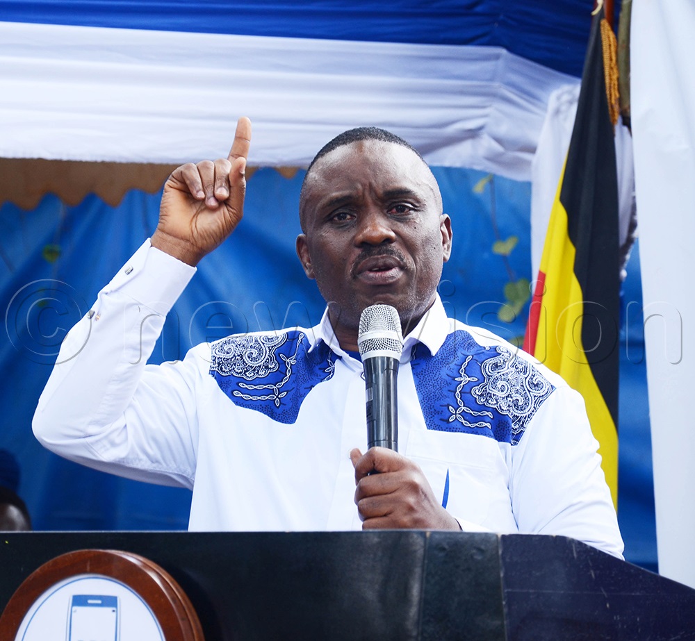 PFF party president and Kampala Lord Mayor Erias Lukwago speaking during a recent press conference at their Katonga offices. (Photo by Isaac Nuwagaba)