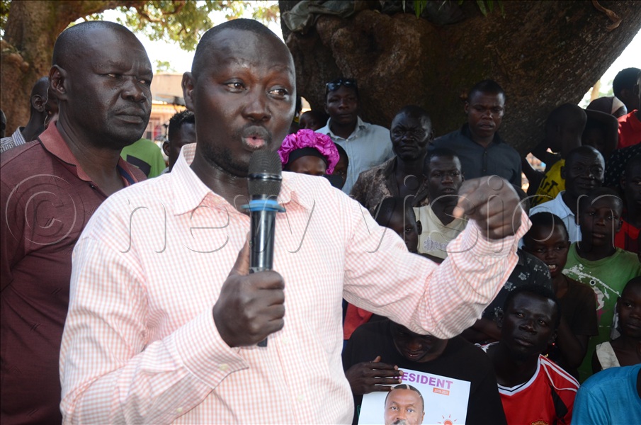 Patrick Akol, a health practitioner at Butebo A village, speaking out about frustrations in the health sector during a campaign rally in Butebo district.