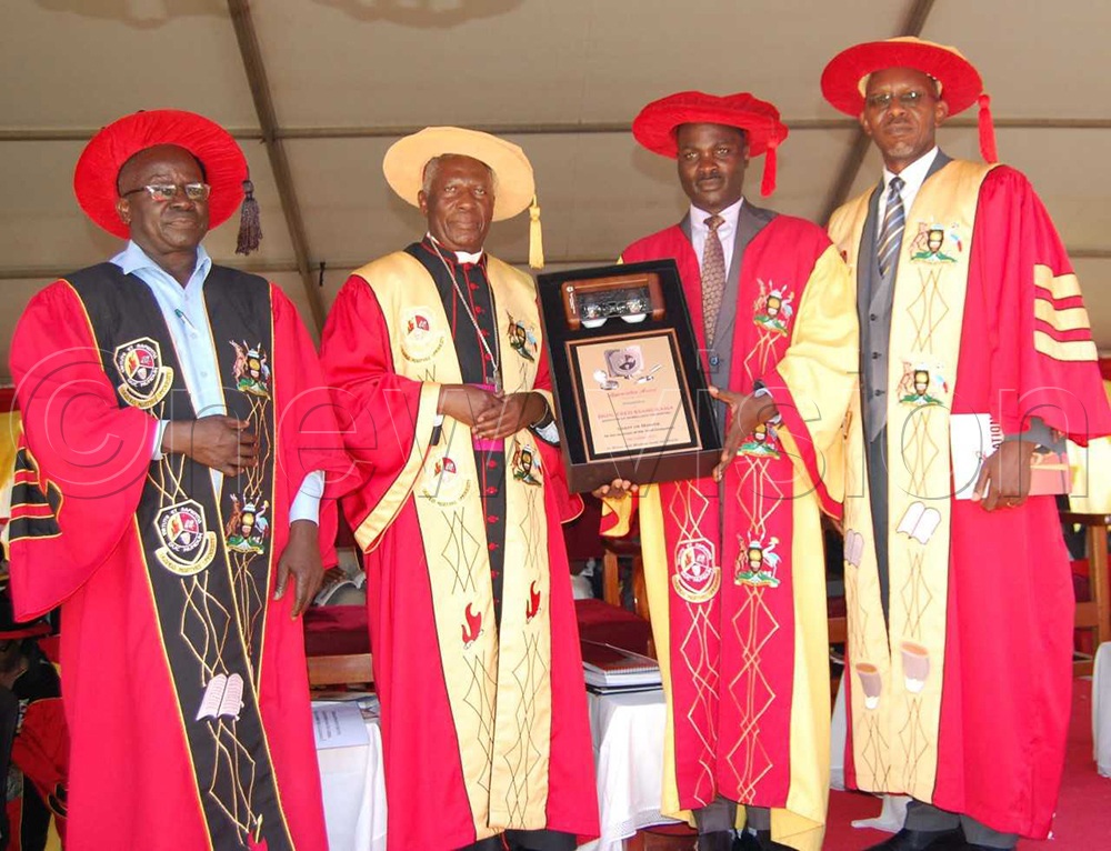 L-R: Academic Registrar Fr Joseph Kisoga, Chancellor Prof Joseph Antony Zziwa, Hon Fred Byamukama and Vice-Chancellor Prof Patrick Edrin Kyamanywa share a photo moment during the function. (Photo by Mathias Mazinga)