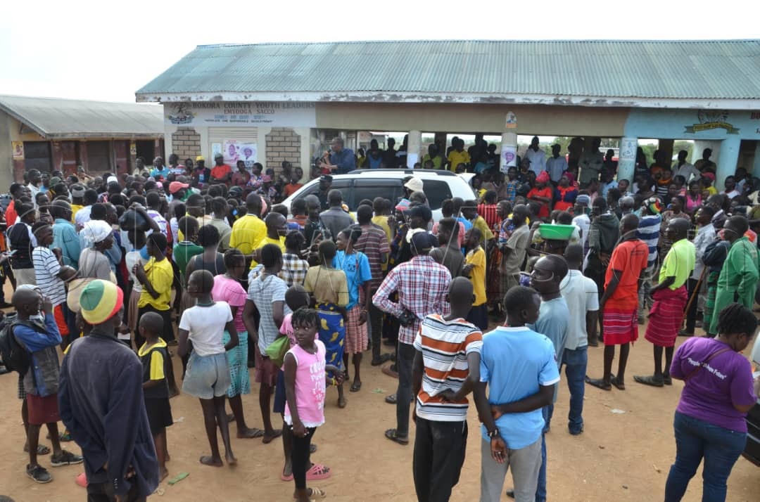 Alliance for National Transformation (ANT) presidential flag-bearer Maj. Gen. (rtd) Mugisha Muntu addressing voters Down Town village, Matany town council, Napak district in Karamoja region. (Credit: Stuart Yiga)