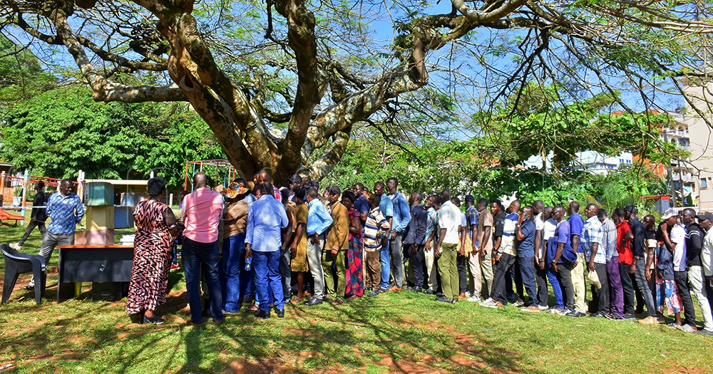  Voters queuing to cast their votes at Post Office polling station in Entebbe municipality. (Photo by Julius Luwemba)