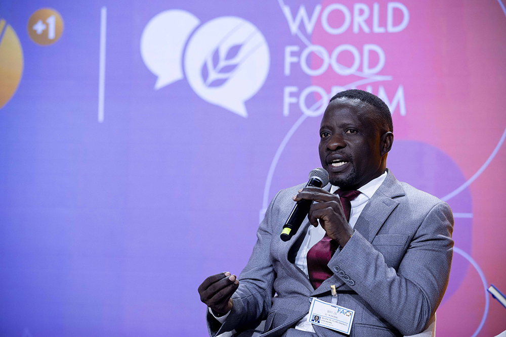 Uganda&rsquo;s Senior Presidential Adviser on Agribusiness and Value Addition Development, Dr Hillary Emmanuel Musoke, speaks during the session &ldquo;Leading from the Front: Africa&rsquo;s Youth Driving Agrifood Systems Transformation&rdquo; at the World Food Forum 2026, held at the Sheikh Zayed Centre, FAO headquarters, Rome, Italy, on October 13, 2026. (Photo by Christian Mantuano/FAO; editorial use only. Copyright &copy;FAO)