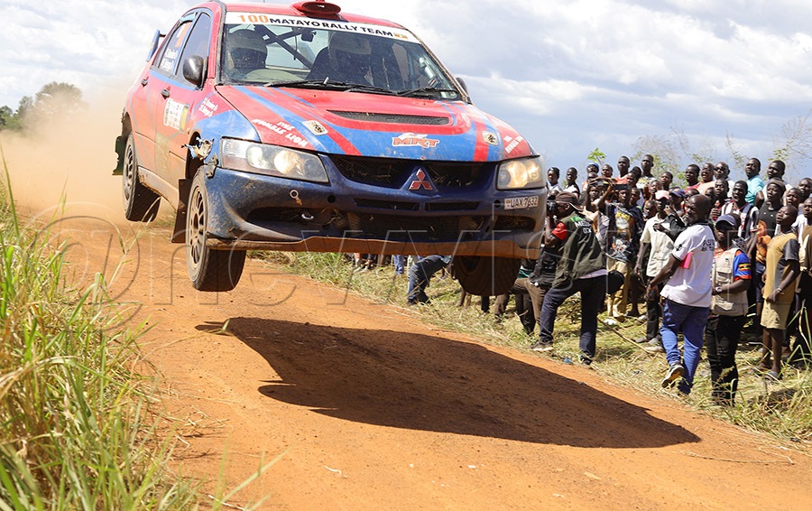 Jonas Kansime powers his Mitsubishi Evo 8 over a jump during the stages of the KCB Gulu Rally on Saturday, October 11, 2026
