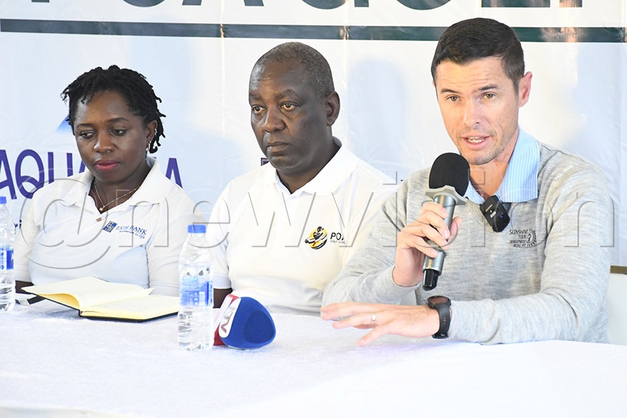 The tournament director Kyle Luca (right) from the Sunshine Development Tour addresses the press flanked by Exim Bank's Primrose Kobusingye, and the tournament referee Edwin Tumusiime. Photo by Michael Nsubuga