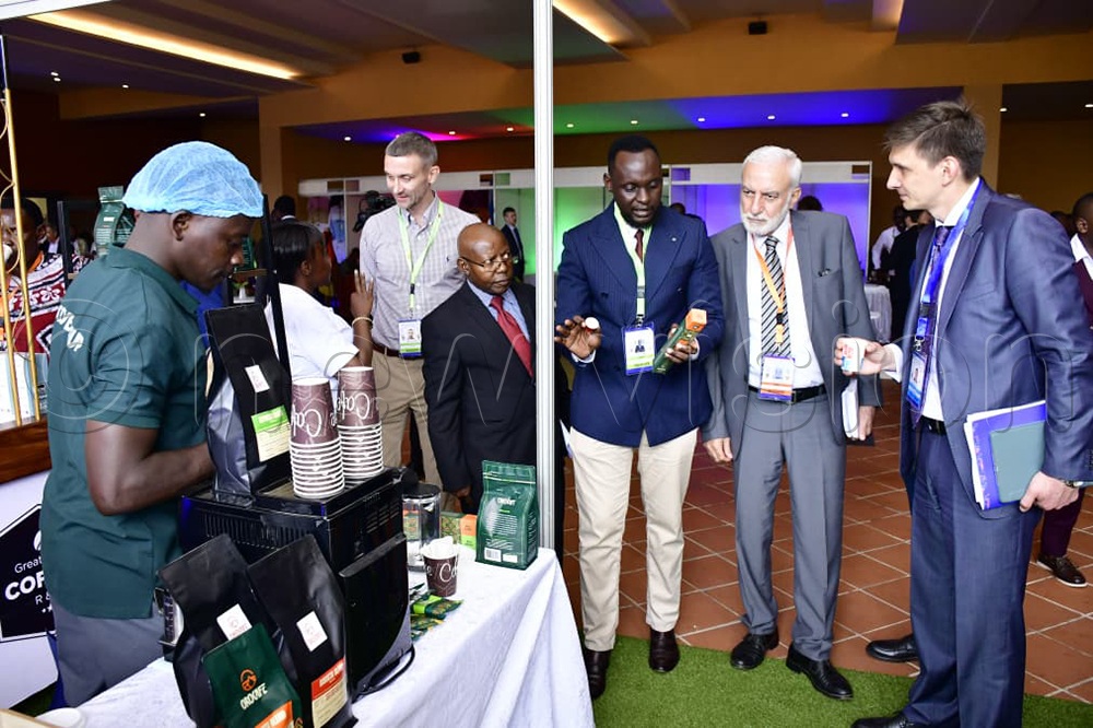 Russian delegations touring Ugandan coffee stalls during the 3rd Uganda - Russia Intergovernmental Commission on Economic, Scientific and Technical Cooperation, alongside a dynamic Business Conference at Munyonyo Commonwealth Resort in Kampala, on September 7, 2025. (Credit: Hajarah Nalwadda)