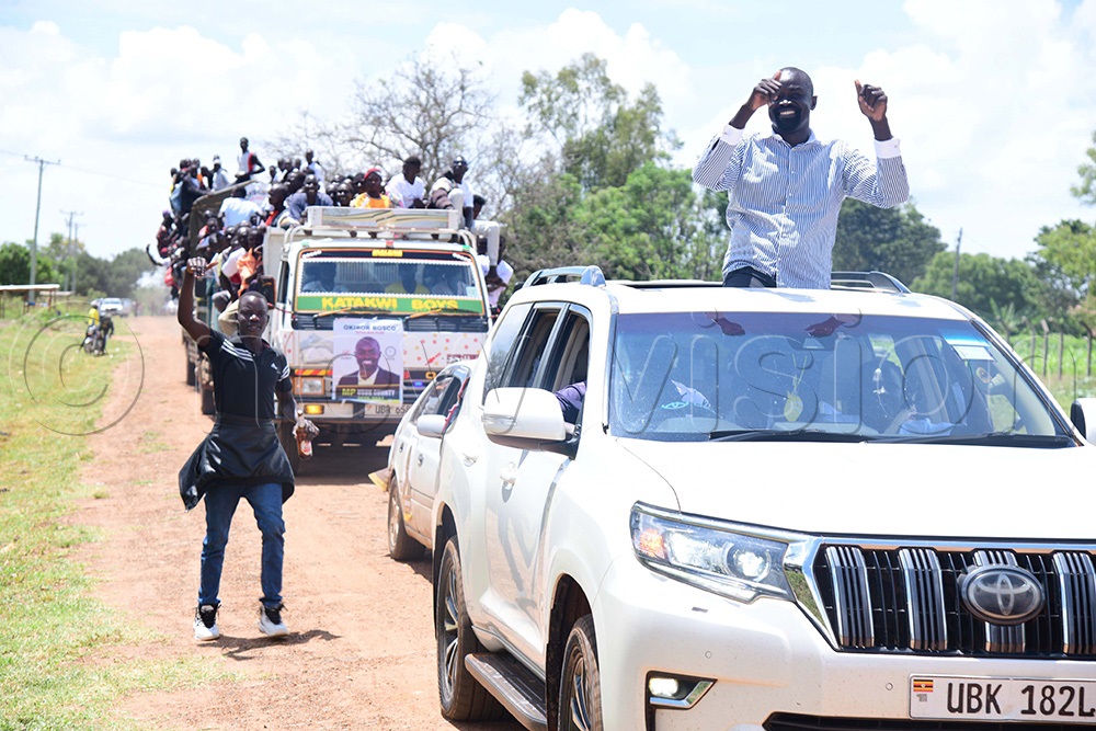 Bosco Okiror independent candidate for Usuk county who is an incumbent arriving in a convoy for nomination. (Photo by Godfrey Ojore)