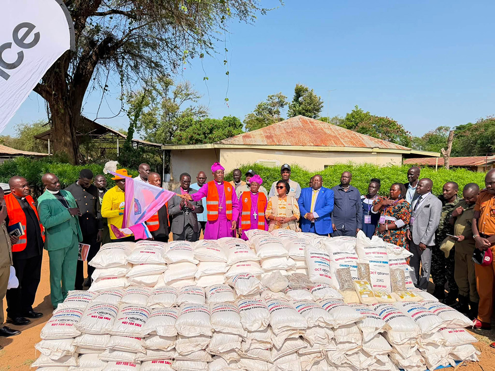 The Archbishop of the Church of Uganda (COU), Dr Stephen Samuel Kaziimba, flagging off the emergency food relief distribution. (Courtesy photo)
