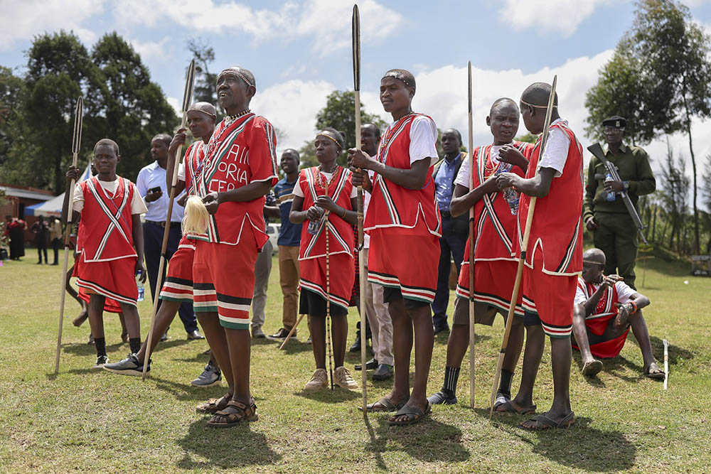 Members of the Lake Bogoria Moran Dancers group prepare to give a perfomance showcasing traditional dance and props during the 6th Annual Ogiek Cultural festival at Nkareta ward, Narok County, on August 15, 2025. (Credit: AFP)