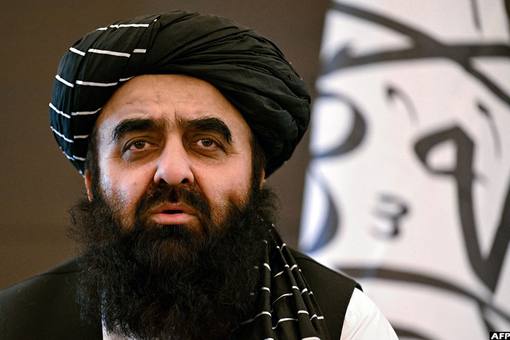 Afghanistan's Foreign Minister Amir Khan Muttaqi addresses a press conference at the Embassy of Afghanistan in New Delhi on October 12, 2025. (AFP)