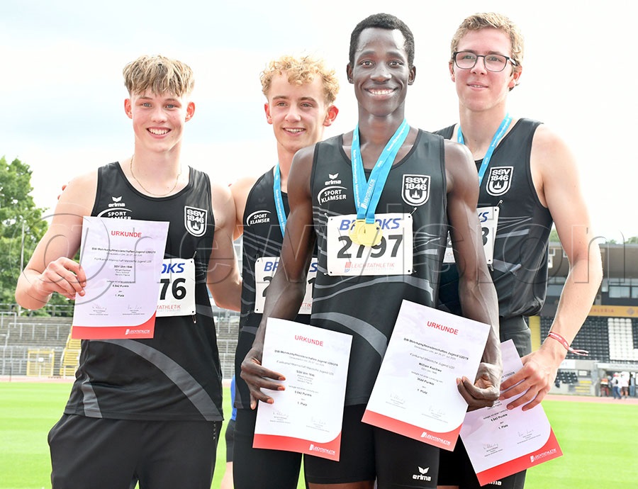 William Kazibwe (2nd right) poses with his teammates Grave Julius (left) Felix Schmidt (2nd left), and Hendrink Papica after the 2025 BW Mehrkampf (multi-discipline) U20/U18 State Championship in Ulm, Germany. Photo by Michael Nsubuga