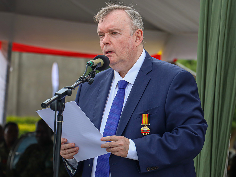 Vladlen Semivolos, Russian ambassador to Uganda, speaks during the handover ceremony of military equipment donated by Russia Federation to Uganda at Gaddafi Military Barracks, on October 26 2025. (PPU Photo)