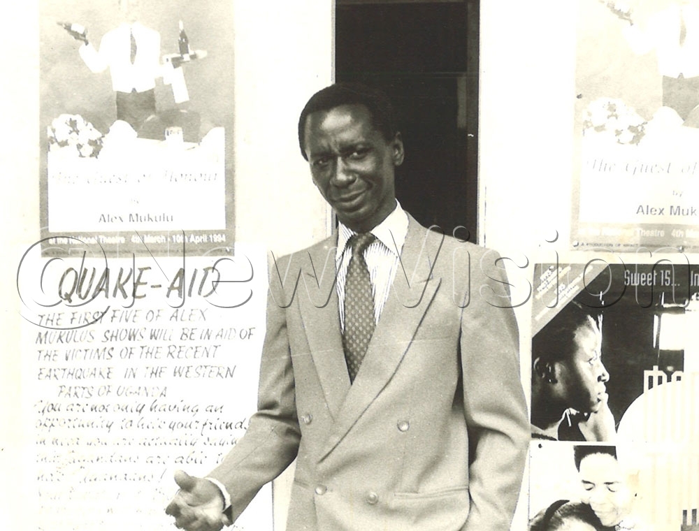 Alex Mukulu promoting his new production in Kampala on March 4, 1994. (New Vision archives)