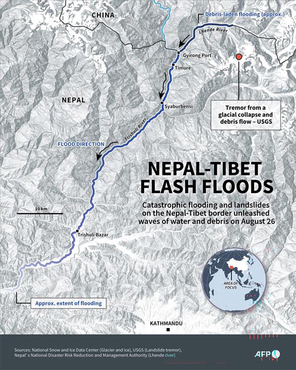 Infographic map showing the Nepal-Tibet border area hit by flash floods and landslides on Wednesday. AFP