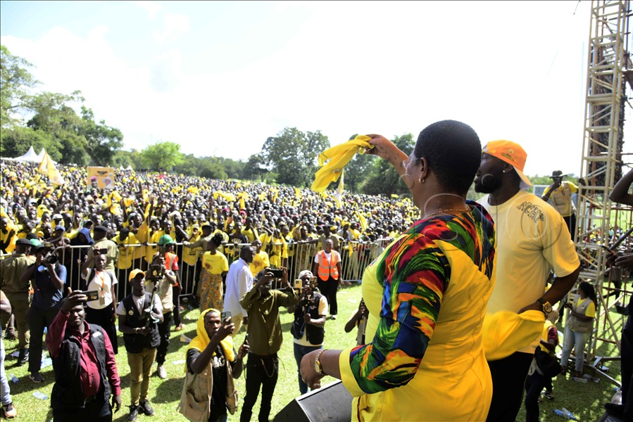 The Speaker of Parliament, Annet Anita Among, and singer Eddy Kenzo on stage in Arua city.