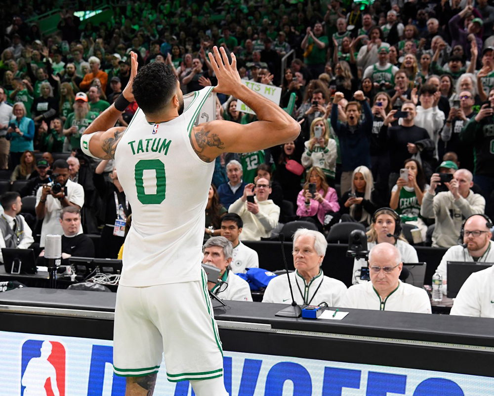Jayson Tatum of the Boston Celtics celebrates during the game against the Orlando Magic during Round 1 Game 1 of the 2025 NBA Playoffs at TD Garden. AFP Photo