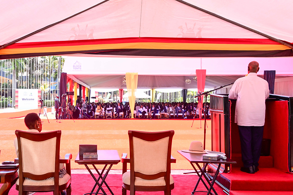 President Museveni opening the Uganda Development Finance Summit at Speke Resort Munyonyo on Monday, as First Lady Janet Museveni looks. (PPU Photo)