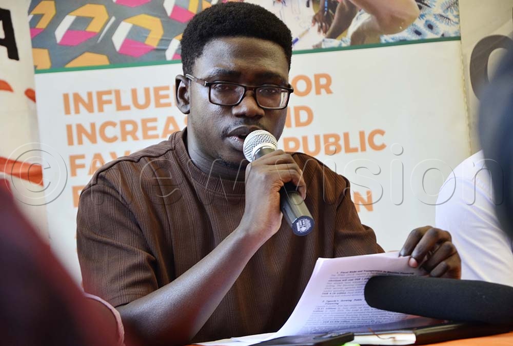 Trevor Emojel, AHF Uganda Cares addressing journalists during a press conference about CSO perspectives on the financial year 2026/2027 National Budget framework paper at Civil Society Budget Advocacy Group (CSBAG) in Ntinda on January 13, 2026. (Credit: Juliet Kasirye)