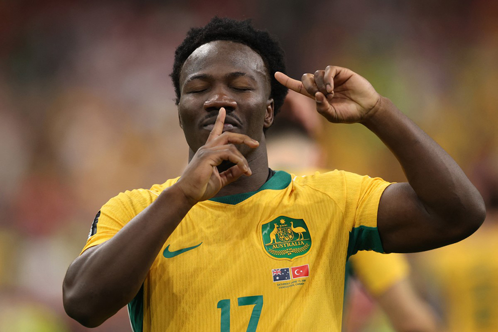 Nestory Irankunda #17 of Australia celebrates scoring his team's first goal during the FIFA World Cup 2026 Group D match between Australia and Türkiye at BC Place Vancouver on June 13, 2026 in Vancouver, British Columbia.