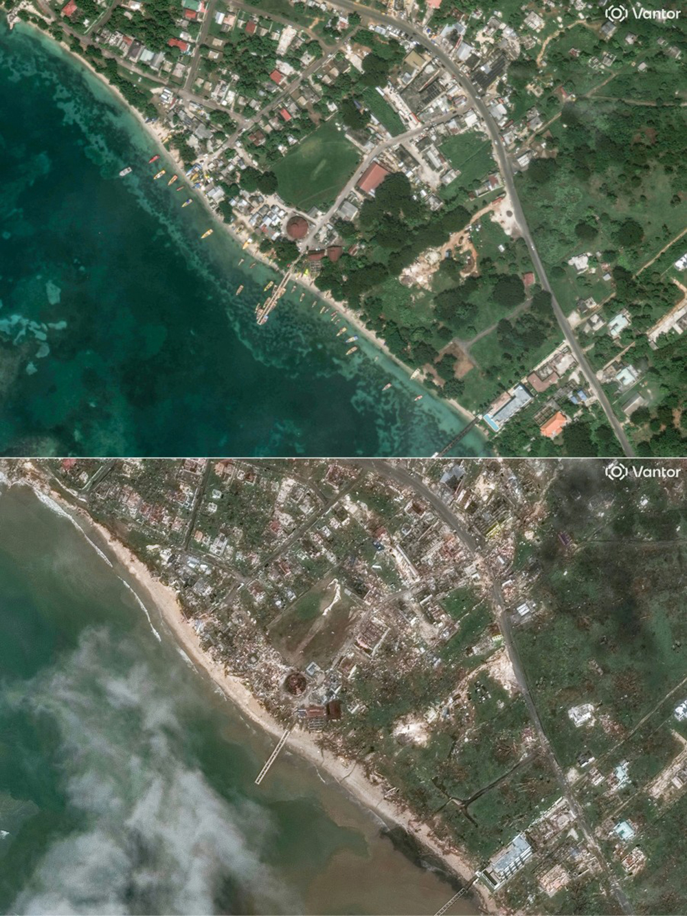 (COMBO) This combination of pictures created on October 29, 2025 shows (top) this handout satellite image by Vantor taken on October 7, 2025 shows an overview of a fishing village in White House, Jamaica, before Hurricane Melissa, and (bottom) this handout satellite image by Vantor taken on October 29, 2025 shows an overview of a fishing village in White House, Jamaica, after Hurricane Melissa. (AFP)