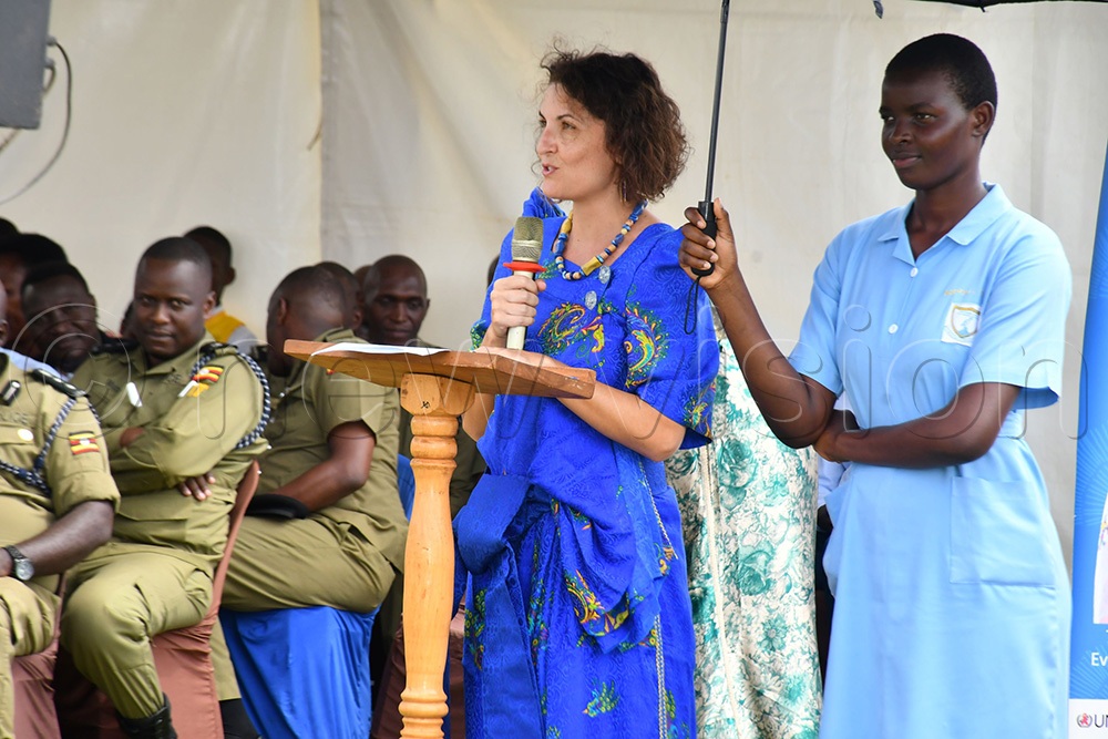 Laura Lafuente Criado (middle), the Programme Coordinator in charge of Gender and Youth at UNFPA, remarking before the launch of the Busoga Regional Multi-Sectoral Partnerships and Accountability Framework 2026-2030. (Photo by Donald Kiirya)