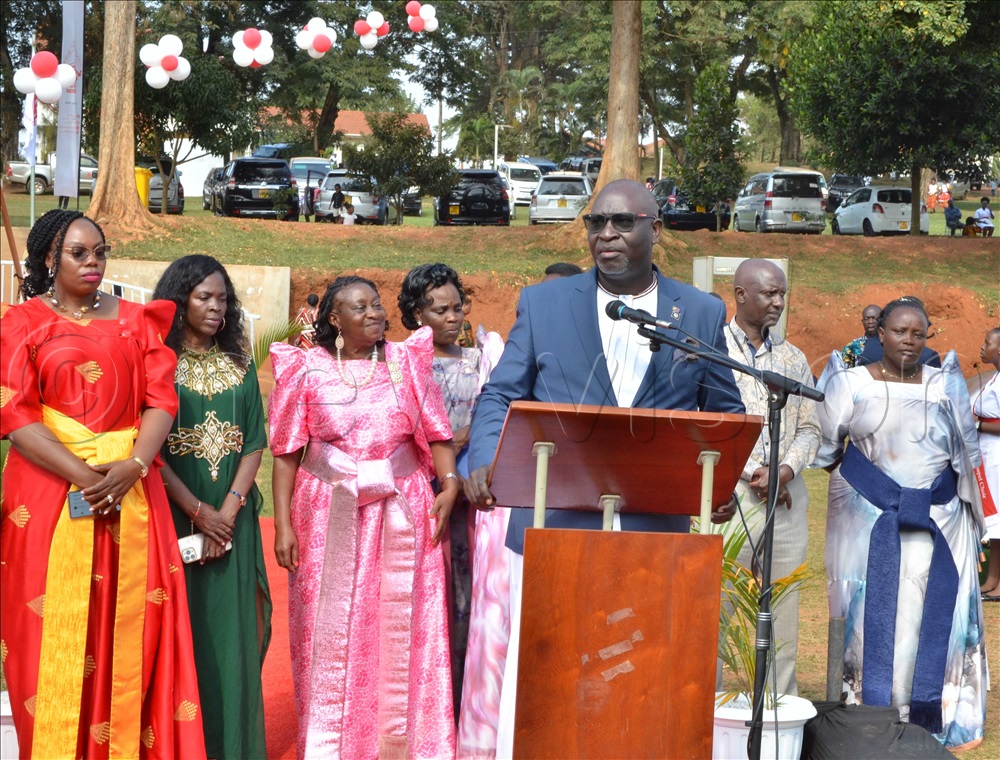 Deputy Katikkiro Owek Robert Waggwa Nsibirwa giving his remarks during the 120-year anniversary celebrations at Gayaza High School.