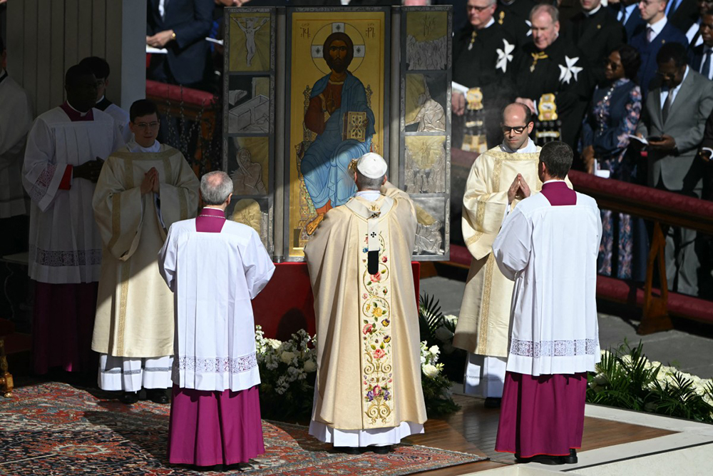 Pope Leo XIV presides over the Easter Mass as part of the Holy Week celebrations, at St Peter's square in the Vatican on April 5, 2026.