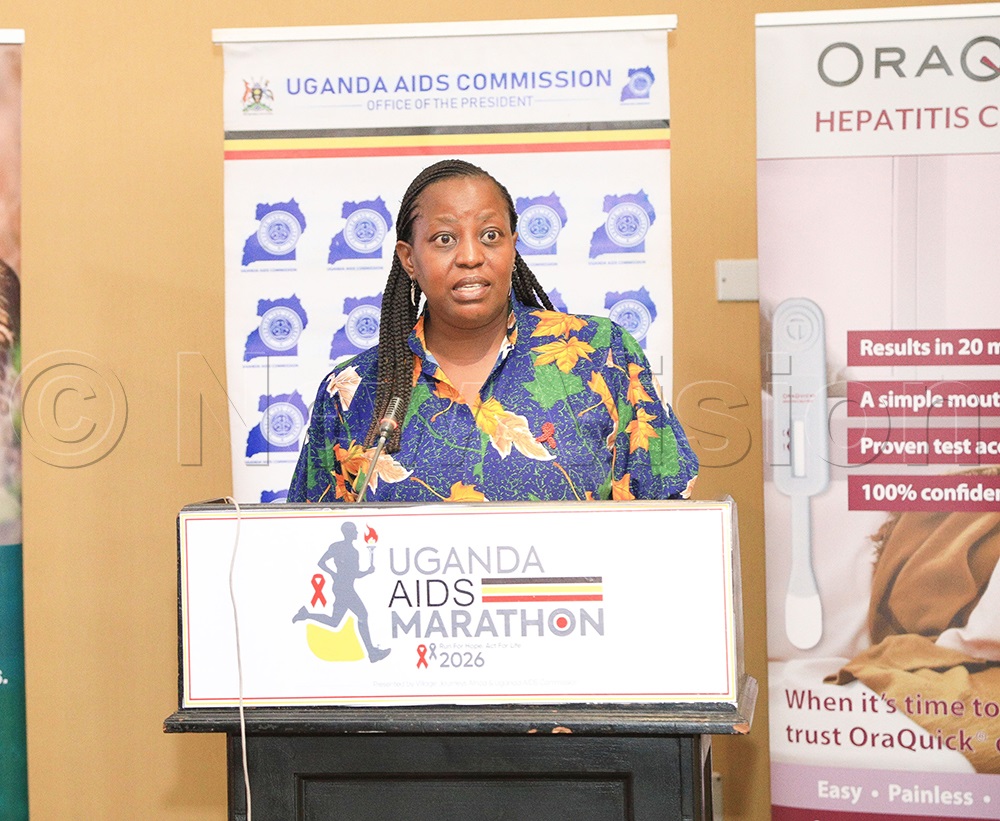 Maery Mungati, CEO Village Journeys Africa, addressing stakeholders during the HIV Marathon launch on Tuesday, Feb. 24, in Munyonyo. (Photo by David Lukiiza)