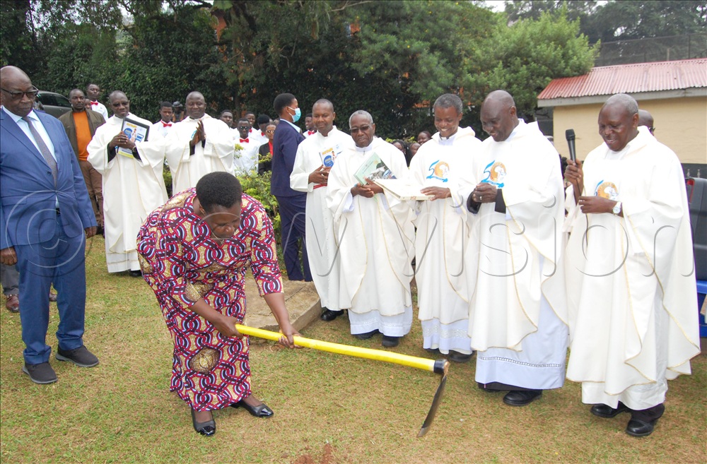 Catholic clerics look on as Vice-President Jessica Alupo breaks the ground for the redevelopment of St. Augustine Students' Center, Makerere University on Sunday, April 12, 2026. Extreme left is Hon. Francis Mwebesa. 