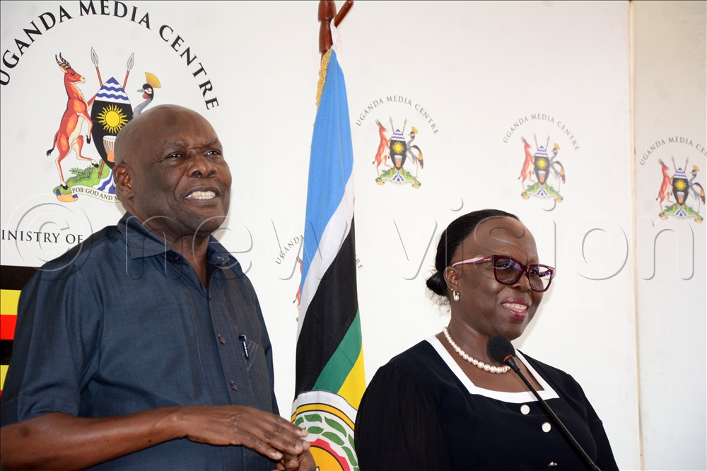 (L-R) State Minister for Energy and Mineral Development, Sidronius Okaasai Opolot and Patricia Litho, the Assistant Commissioner, Communication & Information Management, addressing journalists during a press conference at Uganda Media Centre on July 8, 2026.