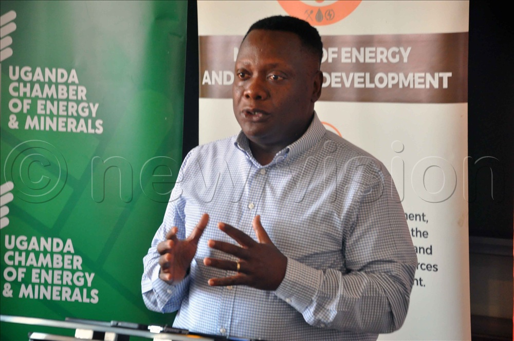 Jeff Baitwa, director of Threeways Shipping Services and a Uganda Chamber of Energy and Minerals board member addressing the media at Amber House, Kampala. (Photo by John Odyek)