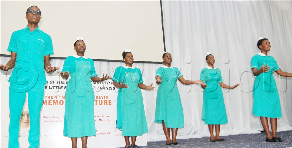 The medical students from St. Francis Hospital Nsambya Training School reciting a poem about Mother Kevin during the function.