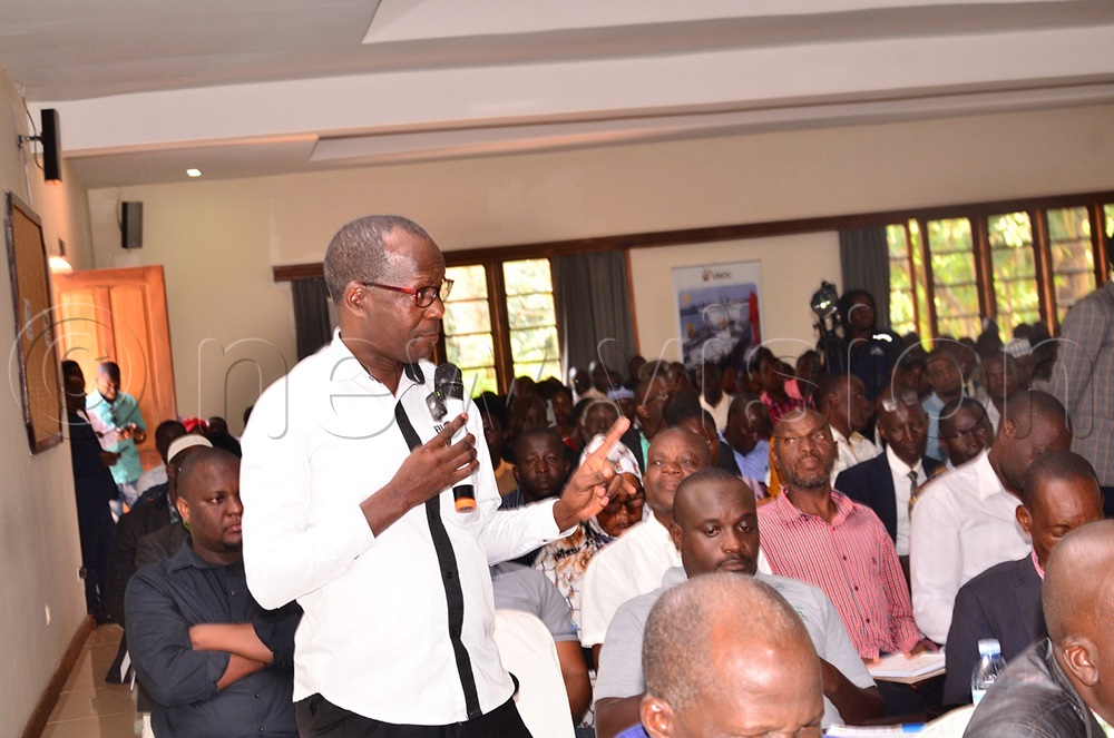 Busoga Business Community (BBC) executive director Daniel Gabula Kyankone making his remarks during the Oil and Gas (O&G) Supply development workshop organised by the Uganda National Oil Company (UNOC). (Photo by Jackie Nambogga)
