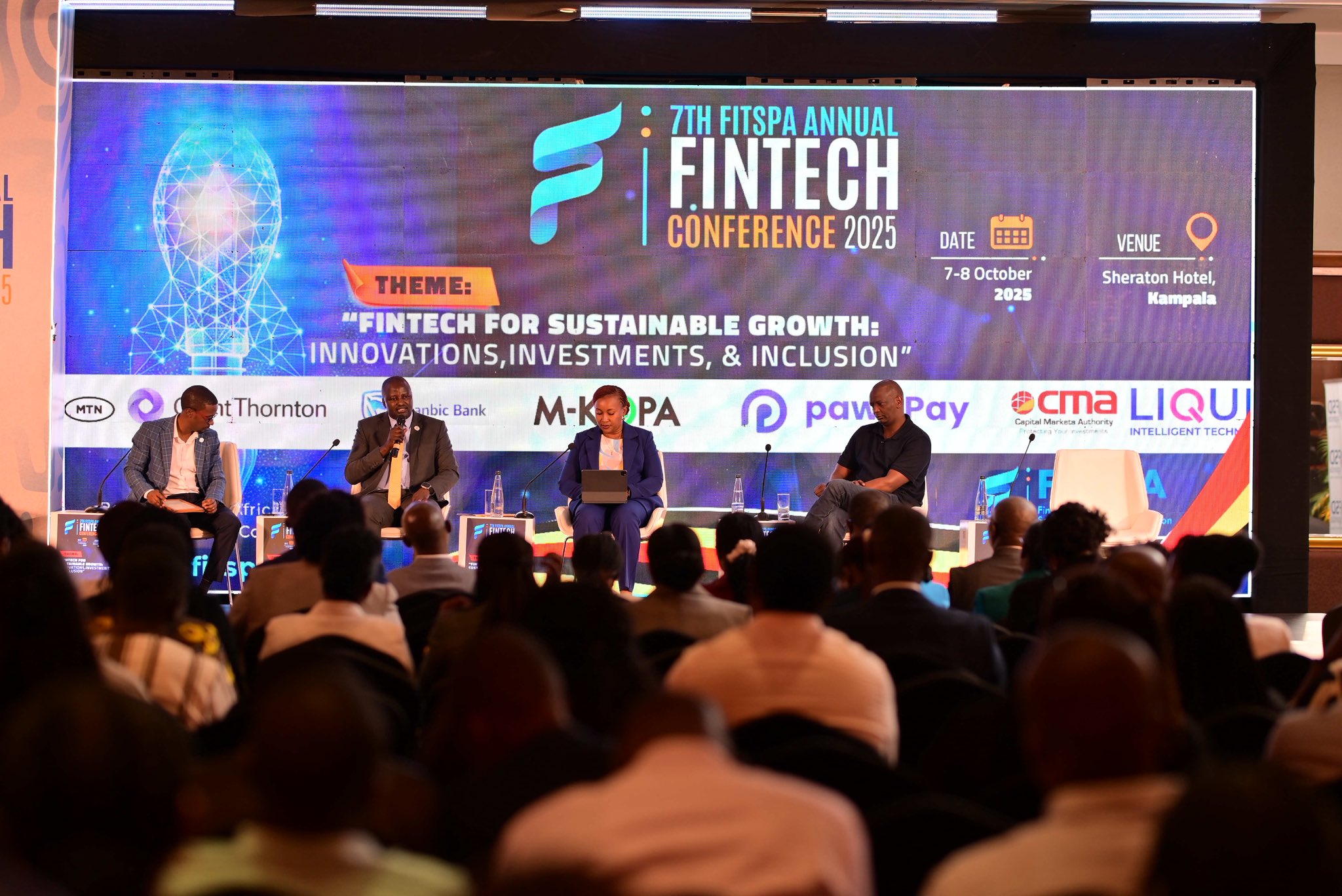 Richard Yego, CEO MTN MoMo (2nd left), Sylvia Mulinge, CEO MTN Uganda and Sitoyo during a panel discussion moderated by Peter Kawumi, regional MD at Interswitch Group. (Courtesy)