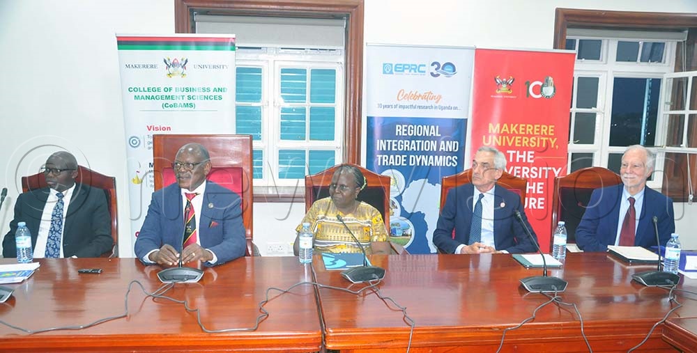 (L-R) Wokadala, Nawangwe, Ssewanyana, Leape, and other officials addressing the media during the signing of the agreement at Makerere University Council Room. (Credit: John Odyek)