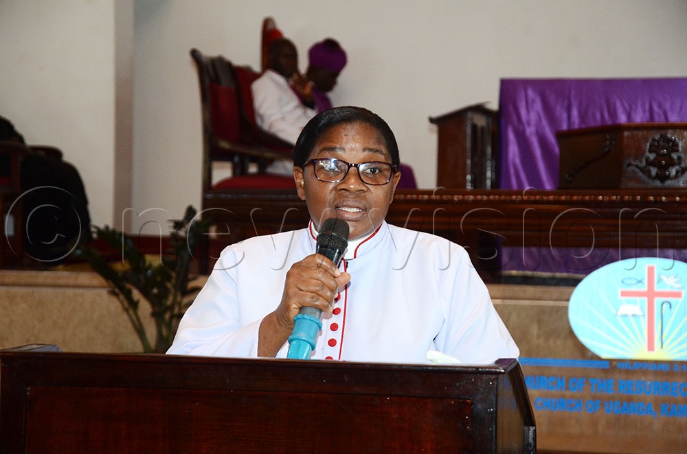 Rev. Canon Dr. Rebecca Nyegenye, Provost of All Saints Cathedral Kampala preaching during Rev. Canon Prof. Grace Lubaale, the fourth Bishop-elect of Busoga Diocese farewell and thanksgiving service. (Photo by Lawrence Mulondo)
