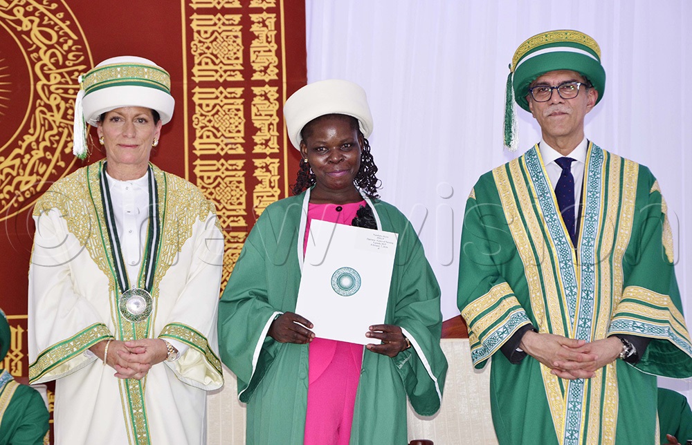 Joyce Nandudu celebrates her success with Princess Zahra Aga Khan (left) and Dr Sulaiman Shahabuddin (right), AKU Vice Chancellor after receiving a diploma in general nursing at Aga Khan University on 7th February 2026. (Photo by Juliet Kasirye)