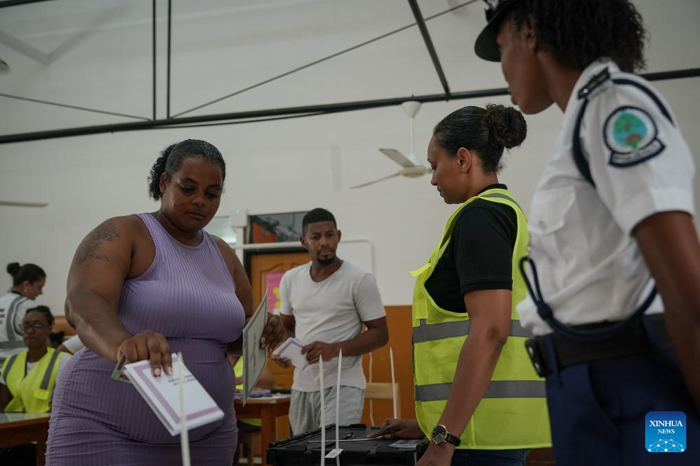 This photo taken on September 25, 2025 shows a scene at a polling station in Victoria, Seychelles. 