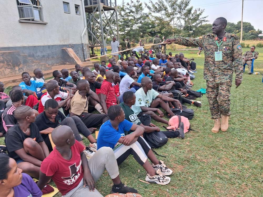 Brig Gen Peter Gaetano Omola, head Busoga UPDF recruitment team, speaking to the recruits at Kamuli Youth Centre. (Credit: Doreen Musingo)