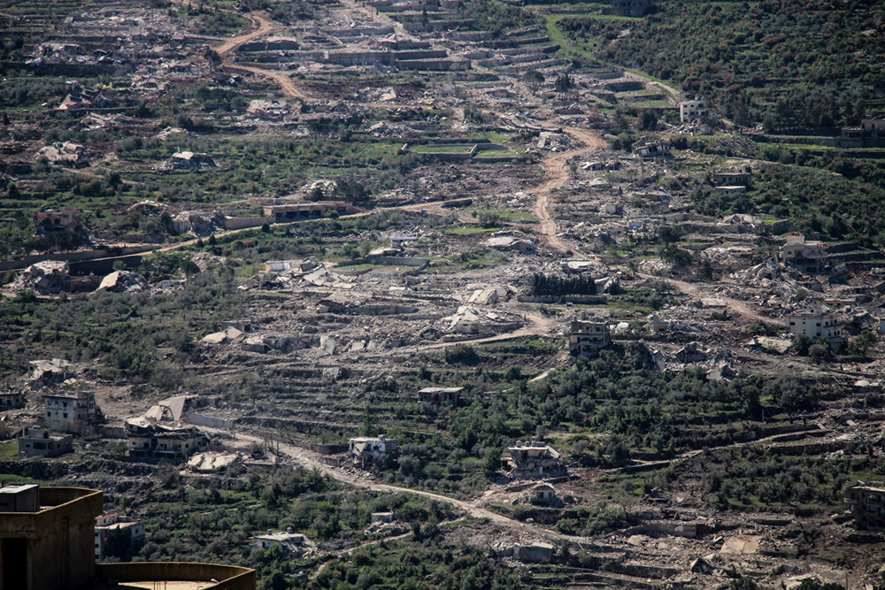 A general view shows demolished homes and structures destroyed by the Israeli army in the southern Lebanese village of Beit Lif, in the Bint Jbeil district on April 22, 2026. (AFP)