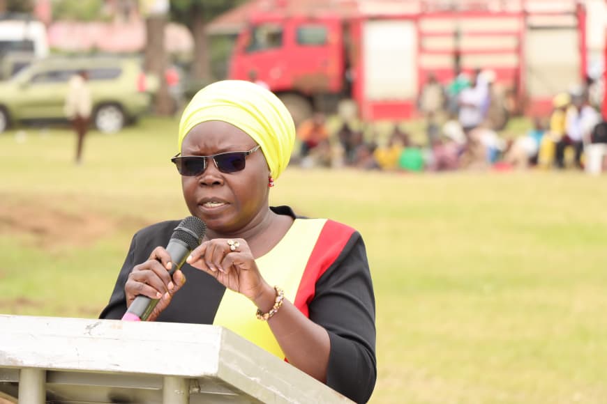 MODVA Hon. Oleru Huda Abason giving her remarks during the 45th region launch at Kisoro. (Courtesy)