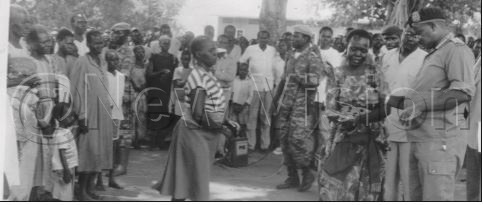 President Yoweri Museveni during his visit to Atiak in Gulu, where the LRA rebels massacred people. The visit was on May 2, 1995