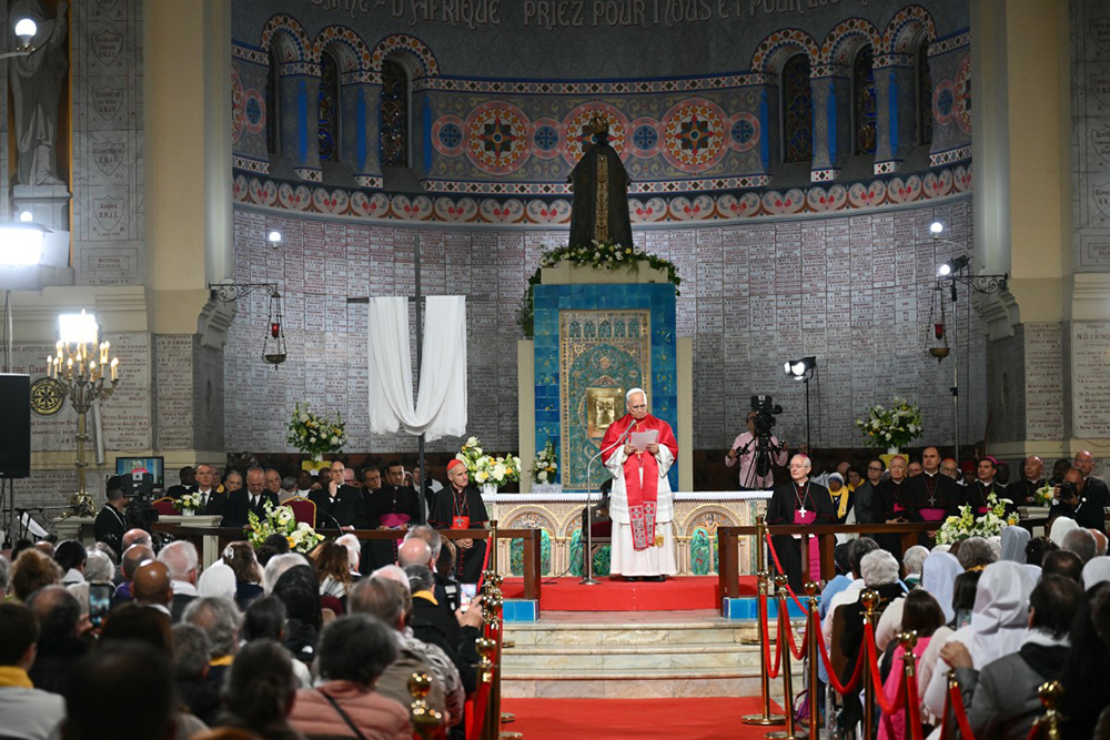 Pope Leo XIV addresses the Algerian community in the Basilica of Our Lady of Africa, in Algiers on April 13, 2026. (AFP)