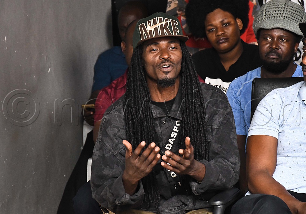 Moses Kyeyune commonly known as Wembly Mo addresing remarking during a press conference held at National Theatre. (Photo by Ignatius Kamya)