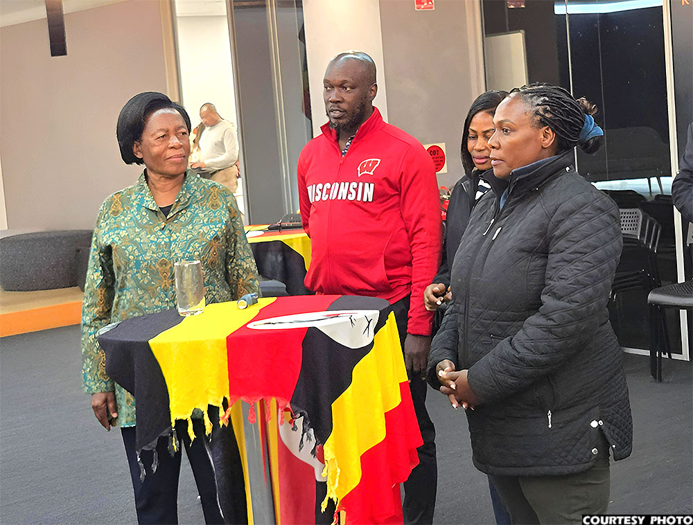 From left, Amb Hyuha with lands ministry officials Jimmy Alani, Suzan Tushabe and Annet Kiraza