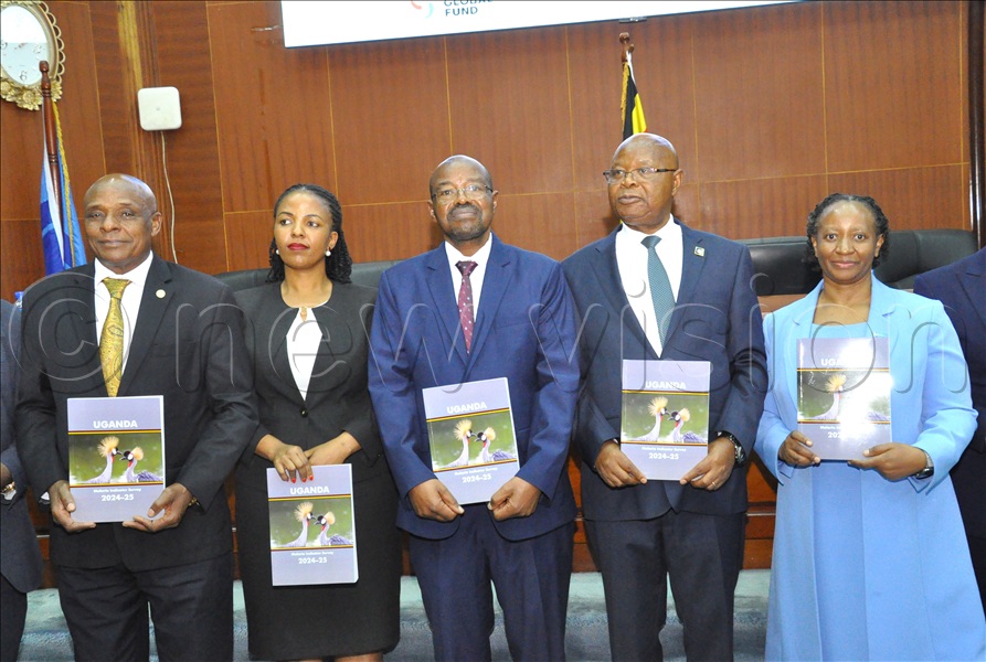 (L-R) Albert Byamugisha Board Chairperson UBOS, Allen Kabagenyi board member, Amos Lugolobi State Minister for Finance and Planning, Chris Mukiza Executive Director UBOS and Kasonde Mwinga WHO Country representative during the launch of the Uganda malaria indicator survey dissemination at Uganda Bureau of Statistics (UBOS) in Kampala on March 12, 2026. (Credit: Nancy Nanyonga) 