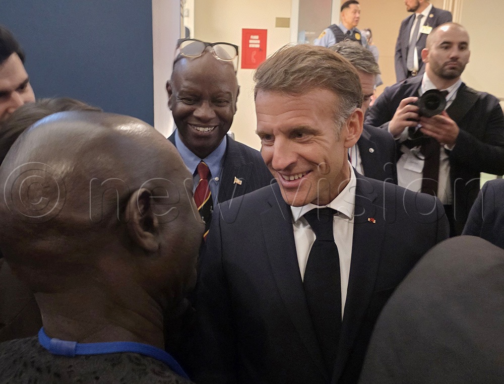 Uganda's candidate for the United Nations (UN) Secretary-General position, Dr Olara Otunnu, meeting with the President of France, Emmanuel Macron. (Courtesy photo)